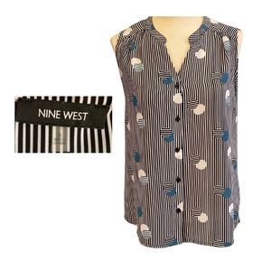 Nine West sleeveless button down blouse, size 8, white, black, turquoise